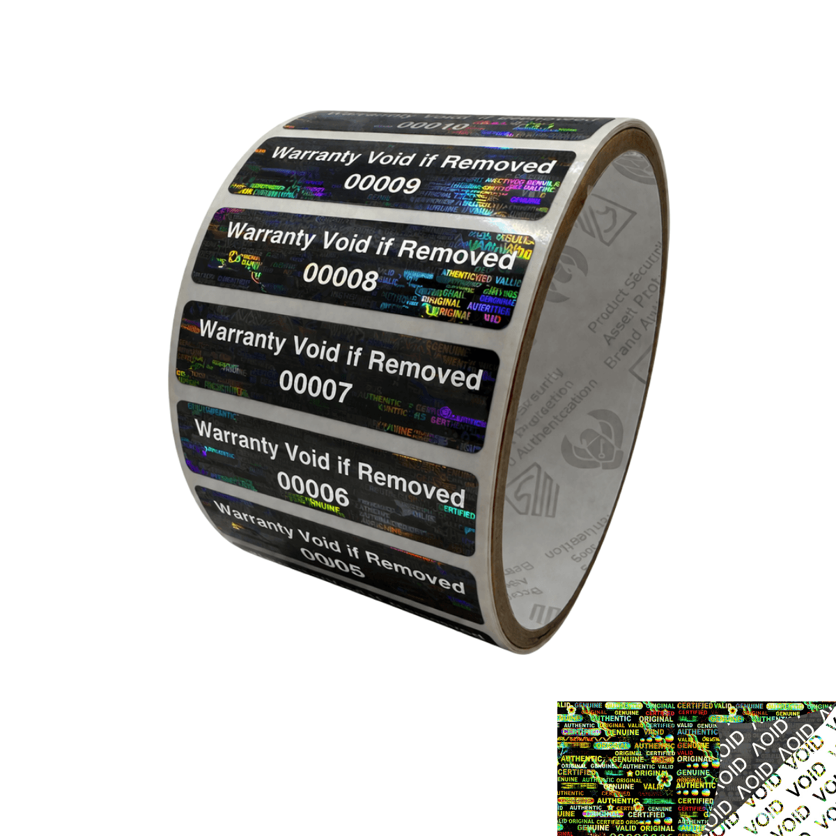 10,000 Tamper Evident Holographic Bright Black Security Label Seal Sticker, Rectangle 2" x 0.5" (51mm x 13mm). Printed: Warranty Void if Removed + Serial Number