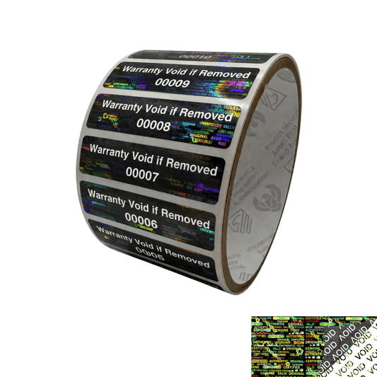 250 Tamper Evident Holographic Bright Black Security Label Seal Sticker, Rectangle 2" x 0.5" (51mm x 13mm). Printed: Warranty Void if Removed + Serial Number