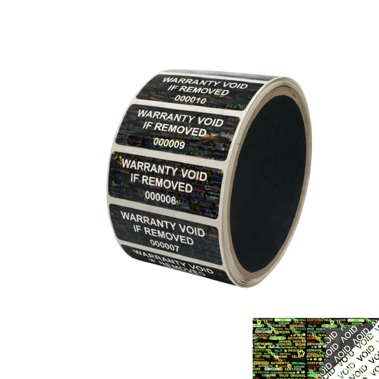 1,000 Black Tamper Evident Holographic Security Label Seal Sticker TamperMax®, Rectangle 2" x 0.75" (51mm x 19mm). Printed: Warranty Void if Removed + Serialization