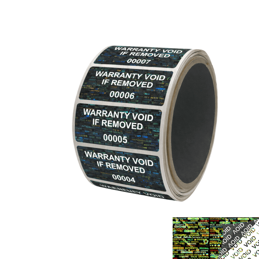 1,000 Black Tamper Evident Holographic Security Label Seal Sticker TamperMax®, Rectangle 2" x 1" (51mm x 25mm). Printed: Warranty Void if Removed + Serialization