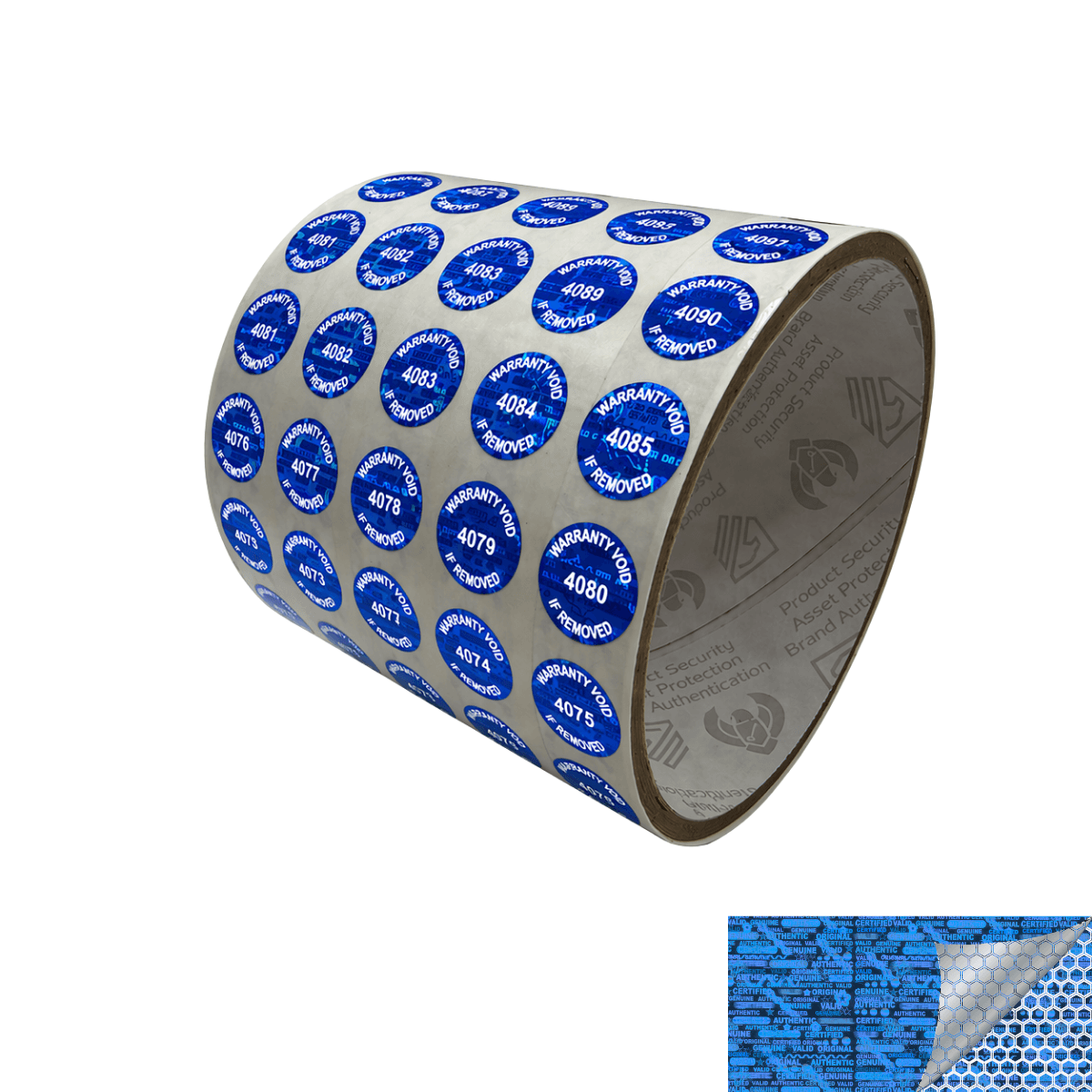 2,000 Blue Tamper Evident Holographic Security Round Label Seal Sticker TamperMax®, Circle 0.5" diameter (13mm). Printed: Warranty Void if Removed + Serialization