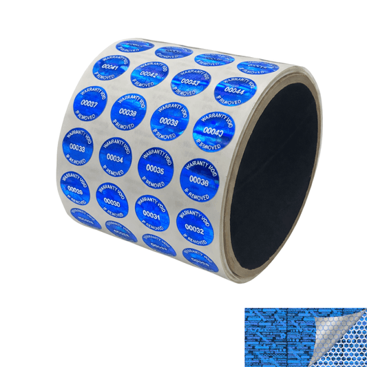 250 Blue Tamper Evident Holographic Security Round Label Seal Sticker TamperMax® Blue, Round/ Circle 0.625" diameter (16mm). Printed: Warranty Void if Removed + Serialization