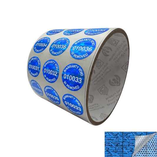 250 Blue Tamper Evident Holographic Security Round Label Seal Sticker TamperMax® Blue, Round/ Circle 0.75" diameter (19mm). Printed: Warranty Void if Removed + Serialization