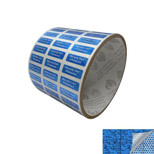250 Blue Tamper Evident Holographic Security Label Seal Sticker TamperMax® Blue, Rectangle 0.75" x 0.25" (19mm x 6mm). Printed: Warranty Void if Removed.