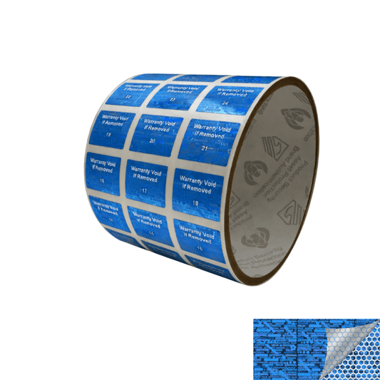 250 Blue Tamper Evident Holographic Security Label Seal Sticker TamperMax® Blue, Rectangle .75" x 0.6" (19mm x 15mm). Printed: Warranty Void if Removed + Serialization