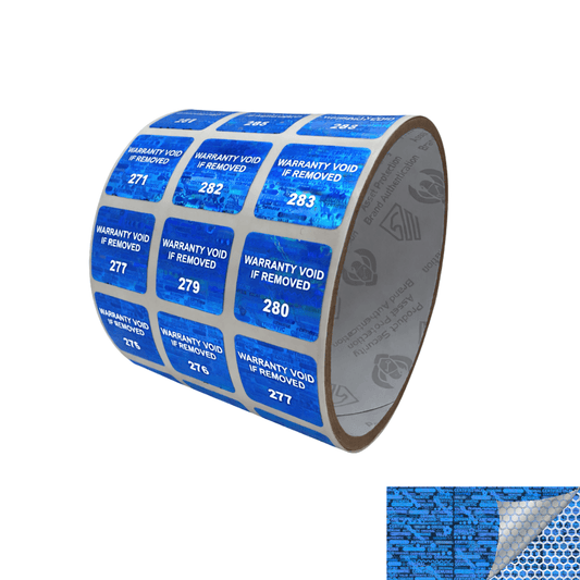 250 Blue Tamper Evident Holographic Security Label Seal Sticker TamperMax®, Square 0.75" (19mm). Printed: Warranty Void if Removed + Serialization