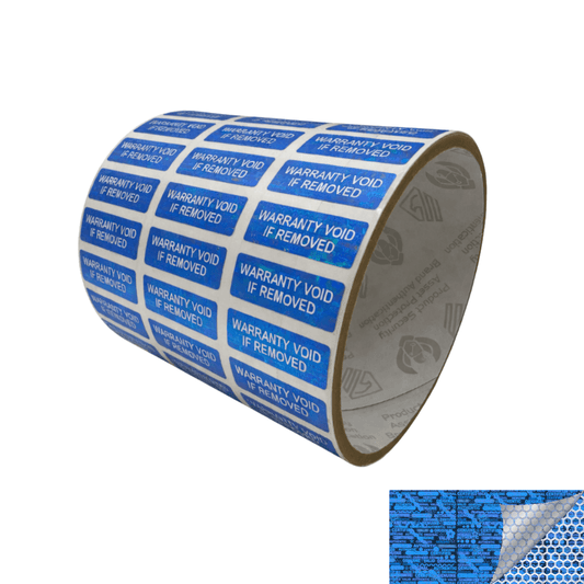 250 Tamper Evident Holographic Bright Blue Security Label Seal Sticker TamperMax, Rectangle 1" x 0.375" (25mm x 9mm). Printed: Warranty Void if Removed.