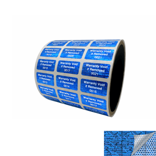 250 Blue Tamper Evident Holographic Security Label Seal Sticker TamperMax® Blue, Rectangle 1" x 0.5" (25mm x 13mm). Printed: Warranty Void if Removed + Serialization