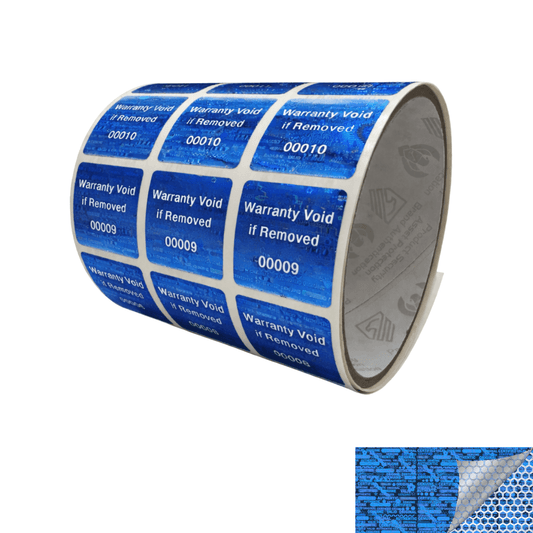 250 Blue Tamper Evident Holographic Security Label Seal Sticker TamperMax®, Square 1" x 1" (25mm x 25mm). Printed: Warranty Void if Removed + Serialization