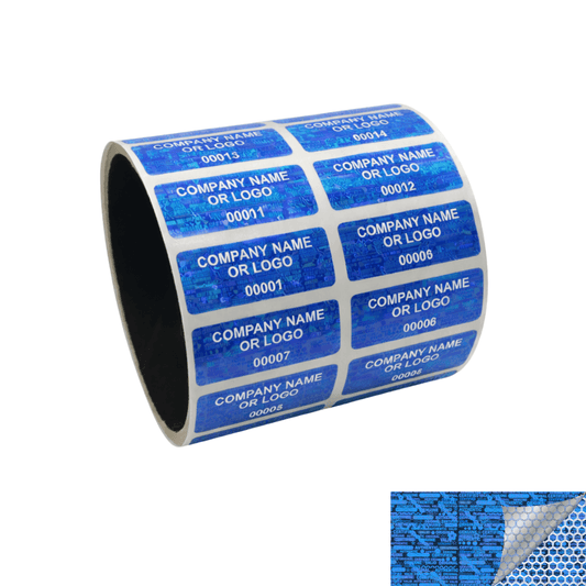 2,000 Blue Tamper Evident Holographic Security Label Seal Sticker TamperMax® Blue, Rectangle 1.5" x 0.6" (38mm x 15mm). Printed: Warranty Void if Removed + Serialization
