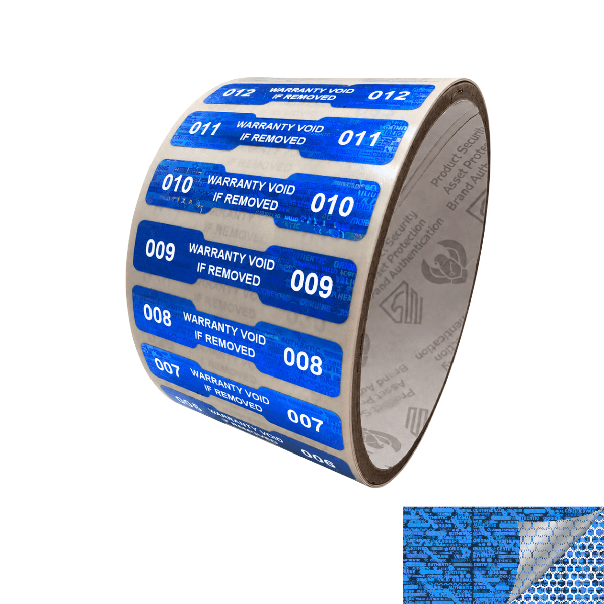 250 Blue Tamper Evident Holographic Security Label Seal Sticker, Dogbone 1.75" x 0.375" (44mm x 9mm). Printed: Warranty Void if Removed + Serialization