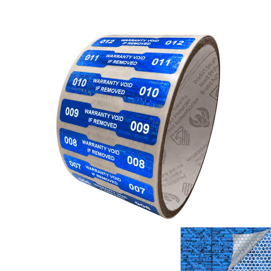 250 Blue Tamper Evident Holographic Security Label Seal Sticker, Dogbone 1.75" x 0.375" (44mm x 9mm). Printed: Warranty Void if Removed + Serialization