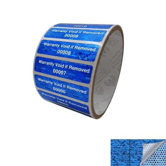 250 Tamper Evident Holographic Bright Blue Security Label Seal Sticker, Rectangle 2" x 0.5" (51mm x 13mm). Printed: Warranty Void if Removed + Serial Number