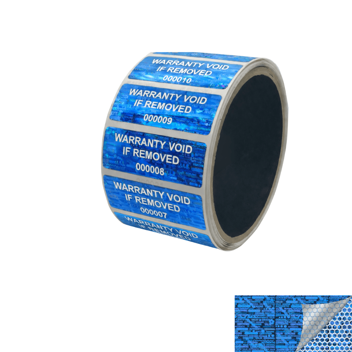 1,000 Blue Tamper Evident Holographic Security Label Seal Sticker TamperMax®, Rectangle 2" x 0.75" (51mm x 19mm). Printed: Warranty Void if Removed + Serialization