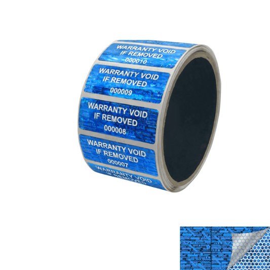 250 Blue Tamper Evident Holographic Security Label Seal Sticker TamperMax®, Rectangle 2" x 0.75" (51mm x 19mm). Printed: Warranty Void if Removed + Serialization