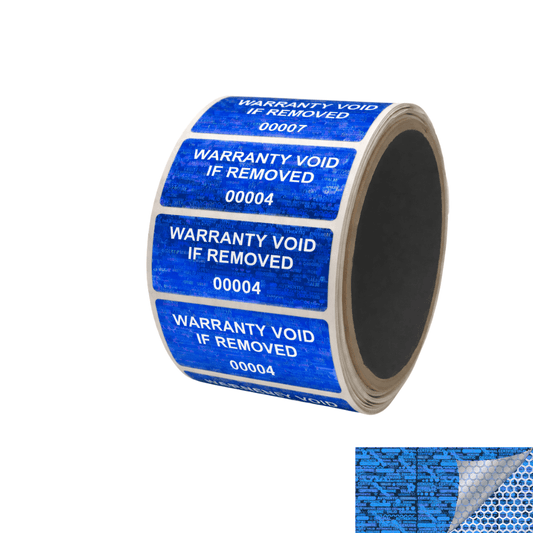 250 Blue Tamper Evident Holographic Security Label Seal Sticker TamperMax®, Rectangle 2" x 1" (51mm x 25mm). Printed: Warranty Void if Removed + Serialization
