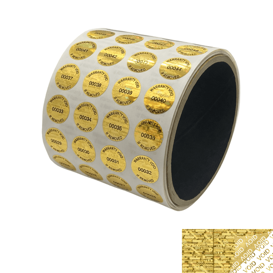 250 Gold Tamper Evident Holographic Gold Security Label Seal Sticker TamperMax®, Circle 0.625" diameter (16mm). Printed: Warranty Void if Removed + Serialization