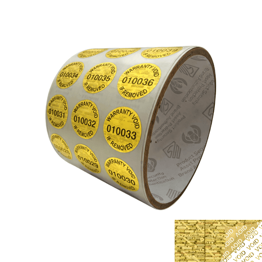 250 Gold Tamper Evident Holographic Gold Security Label Seal Sticker TamperMax®, Circle 0.75" diameter (19mm). Printed: Warranty Void if Removed + Serialization