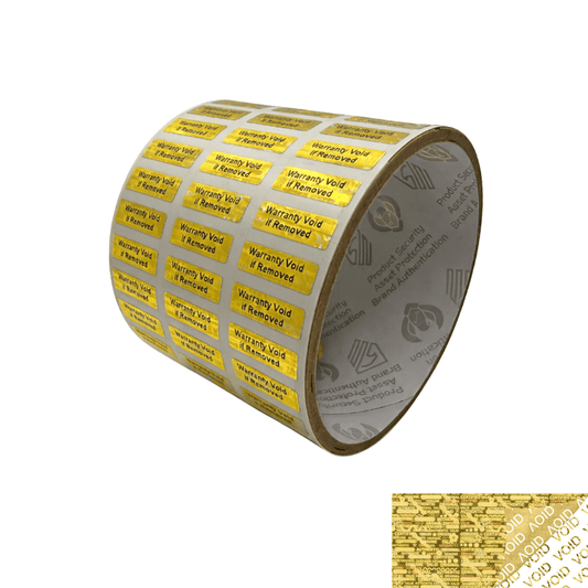250 Gold Tamper Evident Holographic Gold Security Label Seal Sticker TamperMax®, Rectangle 0.75" x 0.25" (19mm x 6mm). Printed: Warranty Void if Removed.