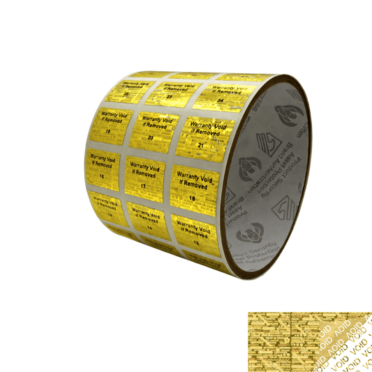 250 Gold Tamper Evident Holographic Gold Security Label Seal Sticker TamperMax®, Rectangle .75" x 0.6" (19mm x 15mm). Printed: Warranty Void if Removed + Serialization