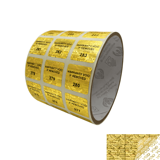 250 Gold Tamper Evident Holographic Security Label Seal Sticker TamperMax®, Square 0.75" (19mm). Printed: Warranty Void if Removed + Serialization