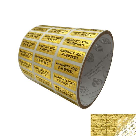 250 Gold Tamper Evident Holographic Security Label Seal Sticker TamperMax®, Rectangle 1" x 0.375" (25mm x 9mm). Printed: Warranty Void if Removed + Serialization