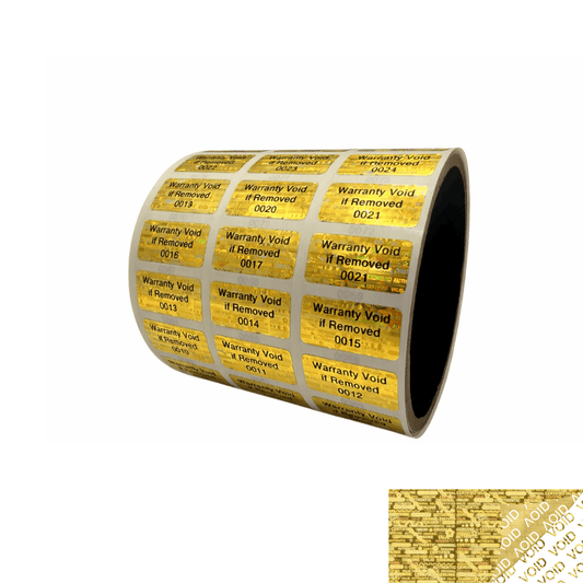 250 Gold Tamper Evident Holographic Gold Security Label Seal Sticker TamperMax®, Rectangle 1" x 0.5" (25mm x 13mm). Printed: Warranty Void if Removed + Serialization