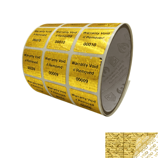 250 Gold Tamper Evident Holographic Security Label Seal Sticker TamperMax®, Square 1" x 1" (25mm x 25mm). Printed: Warranty Void if Removed + Serialization