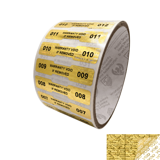 250 Gold Tamper Evident Holographic Security Label Seal Sticker, Dogbone 1.75" x 0.375" (44mm x 9mm). Printed: Warranty Void if Removed + Serialization