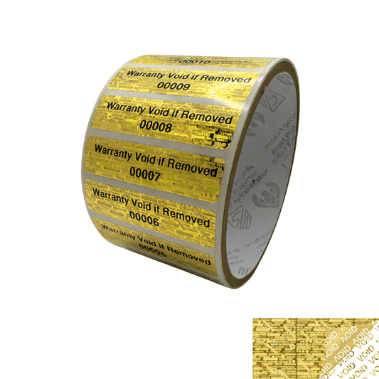 250 Tamper Evident Holographic Bright Gold Security Label Seal Sticker, Rectangle 2" x 0.5" (51mm x 13mm). Printed: Warranty Void if Removed + Serial Number
