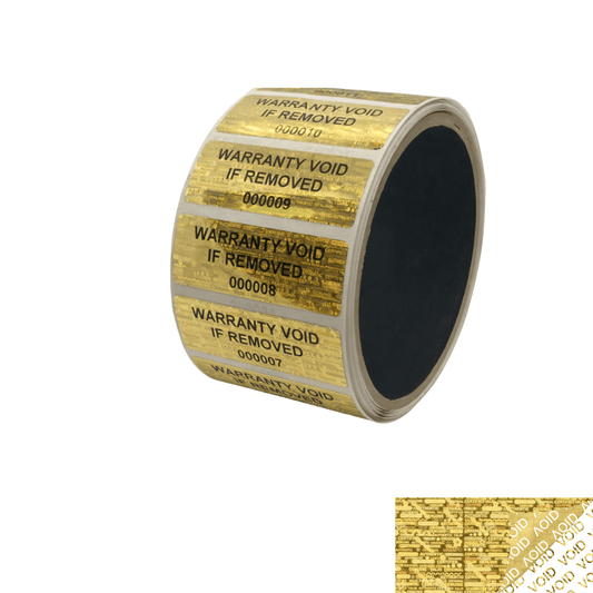 250 Gold Tamper Evident Holographic Security Label Seal Sticker TamperMax®, Rectangle 2" x 0.75" (51mm x 19mm). Printed: Warranty Void if Removed + Serialization