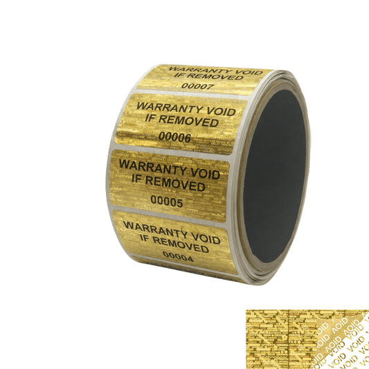 250 Gold Tamper Evident Holographic Security Label Seal Sticker TamperMax®, Rectangle 2" x 1" (51mm x 25mm). Printed: Warranty Void if Removed + Serialization