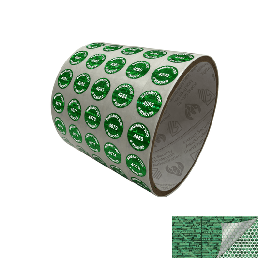 250 Green Tamper Evident Holographic Security Round Label Seal Sticker TamperMax®, Circle 0.5" diameter (13mm). Printed: Warranty Void if Removed + Serialization