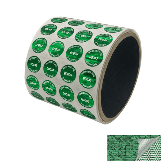 5,000 Green Tamper Evident Holographic Security Label Seal Sticker TamperMax®, Round/ Circle 0.625" diameter (16mm). Printed: Warranty Void if Removed + Serialization