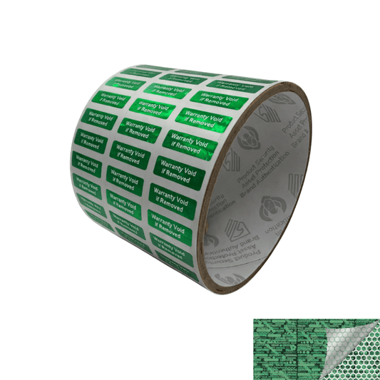 10,000 Green Tamper Evident Holographic Security Label Seal Sticker TamperMax®, Rectangle 0.75" x 0.25" (19mm x 6mm). Printed: Warranty Void if Removed.