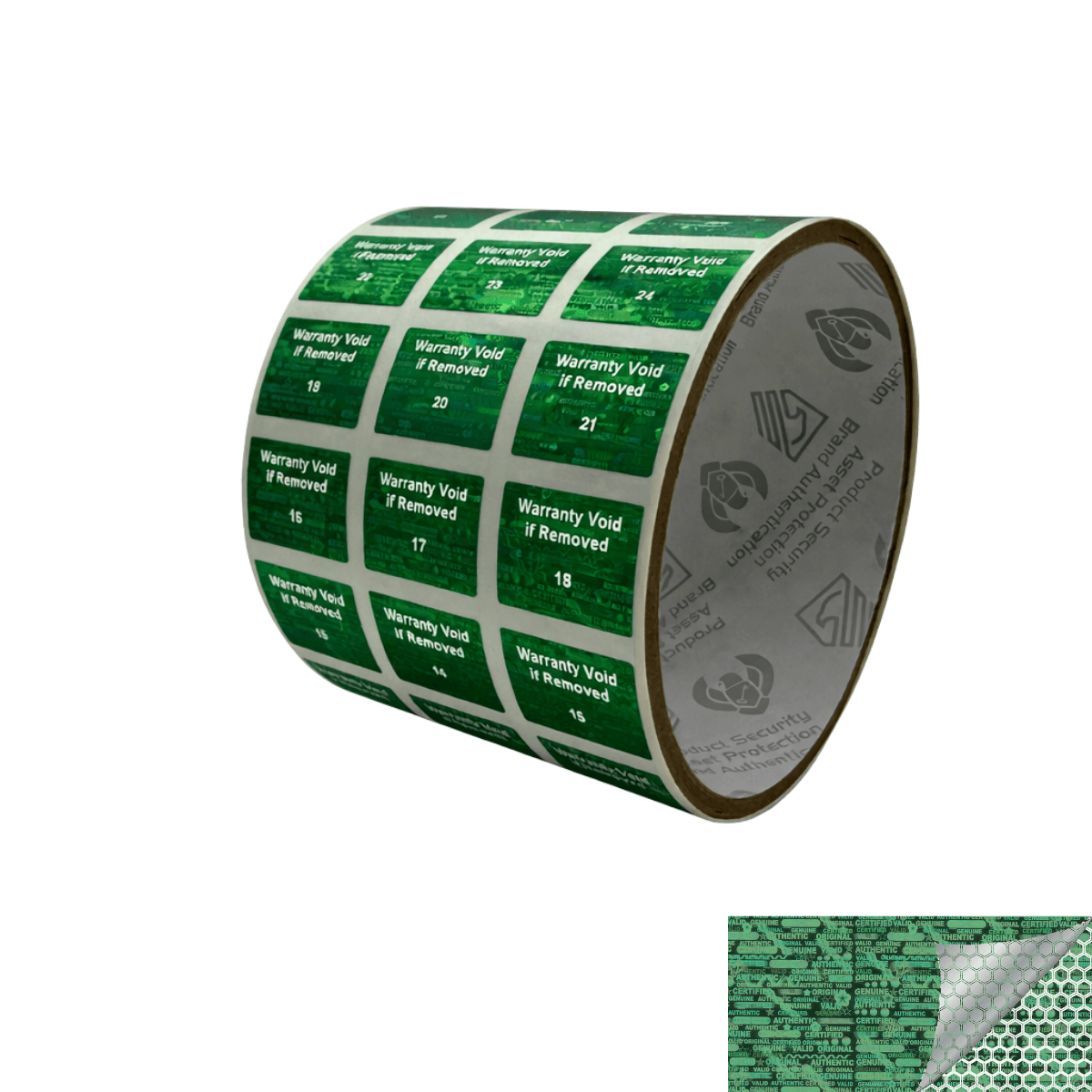 1,000 Green Tamper Evident Holographic Security Label Seal Sticker TamperMax®, Rectangle .75" x 0.6" (19mm x 15mm). Printed: Warranty Void if Removed + Serialization