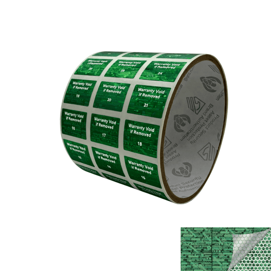 5,000 Green Tamper Evident Holographic Security Label Seal Sticker TamperMax®, Rectangle .75" x 0.6" (19mm x 15mm). Printed: Warranty Void if Removed + Serialization