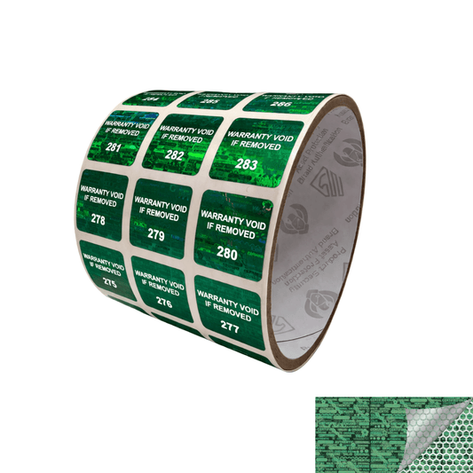 5,000 Green Tamper Evident Holographic Security Label Seal Sticker TamperMax®, Square 0.75" (19mm). Printed: Warranty Void if Removed + Serialization