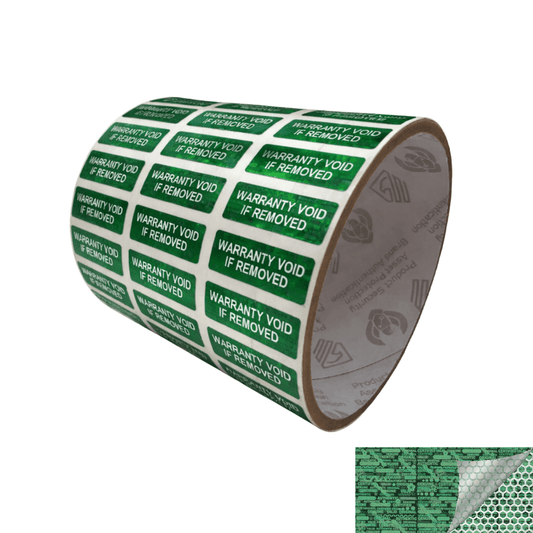 5,000 Green Tamper Evident Holographic Security Label Seal Sticker TamperMax®, Rectangle 1" x 0.375" (25mm x 9mm). Printed: Warranty Void if Removed + Serialization
