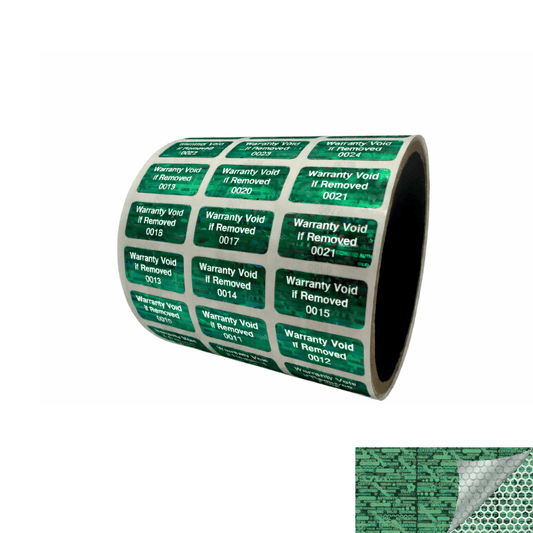5,000 Green Tamper Evident Holographic Security Label Seal Sticker TamperMax®, Rectangle 1" x 0.5" (25mm x 13mm). Printed: Warranty Void if Removed + Serialization