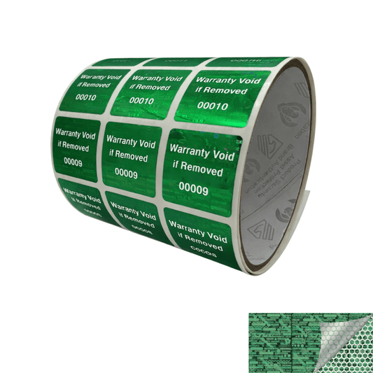 5,000 Green Tamper Evident Holographic Security Label Seal Sticker TamperMax®, Square 1" x 1" (25mm x 25mm). Printed: Warranty Void if Removed + Serialization