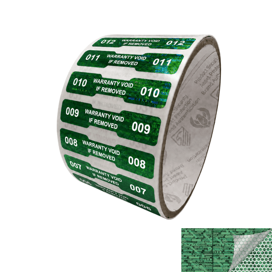 5,000 Green Tamper Evident Holographic Security Label Seal Sticker, Dogbone 1.75" x 0.375" (44mm x 9mm). Printed: Warranty Void if Removed + Serialization