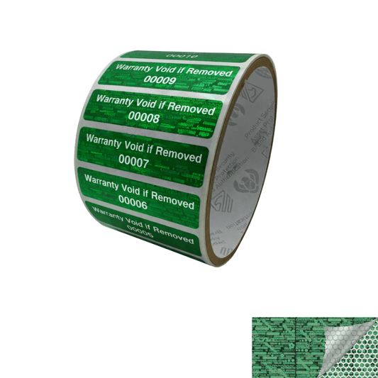 10,000 Tamper Evident Holographic Bright Green Security Label Seal Sticker, Rectangle 2" x 0.5" (51mm x 13mm). Printed: Warranty Void if Removed + Serial Number