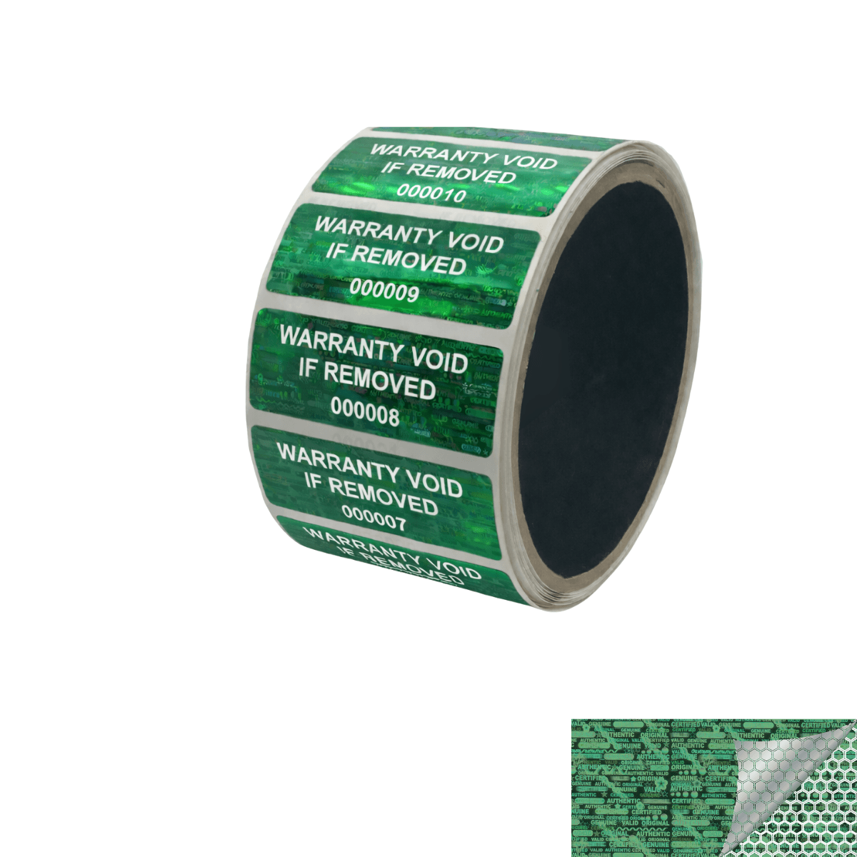 1,000 Green Tamper Evident Holographic Security Label Seal Sticker TamperMax®, Rectangle 2" x 0.75" (51mm x 19mm). Printed: Warranty Void if Removed + Serialization