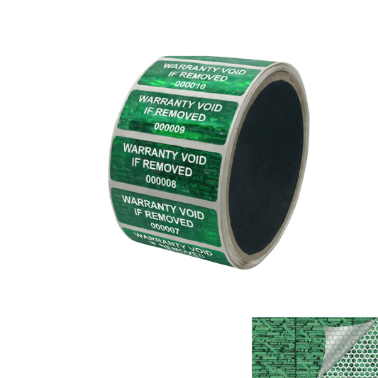 5,000 Green Tamper Evident Holographic Security Label Seal Sticker TamperMax®, Rectangle 2" x 0.75" (51mm x 19mm). Printed: Warranty Void if Removed + Serialization