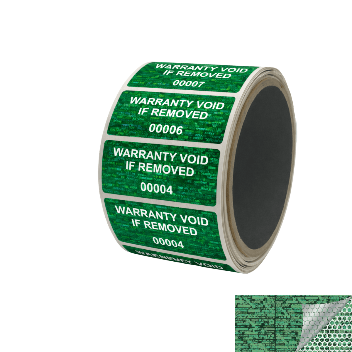 1,000 Green Tamper Evident Holographic Security Label Seal Sticker TamperMax®, Rectangle 2" x 1" (51mm x 25mm). Printed: Warranty Void if Removed + Serialization