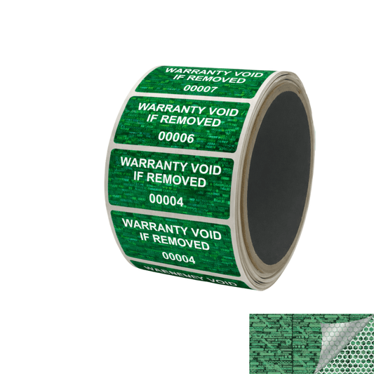5,000 Green Tamper Evident Holographic Security Label Seal Sticker TamperMax®, Rectangle 2" x 1" (51mm x 25mm). Printed: Warranty Void if Removed + Serialization