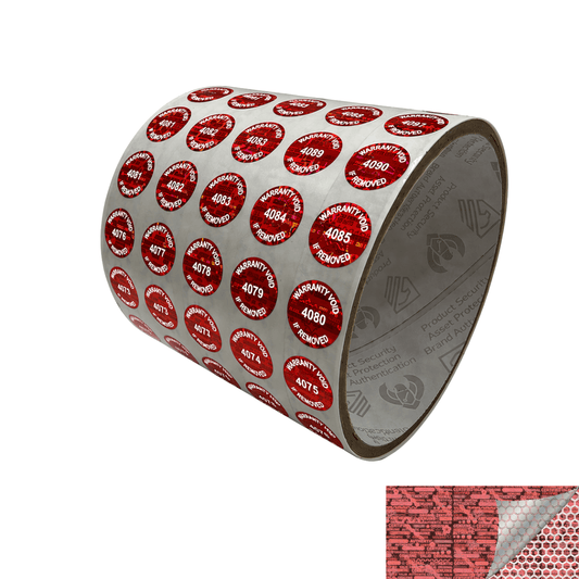 250 Red Tamper Evident Holographic Security Round Label Seal Sticker TamperMax®, Circle 0.5" diameter (13mm). Printed: Warranty Void if Removed + Serialization