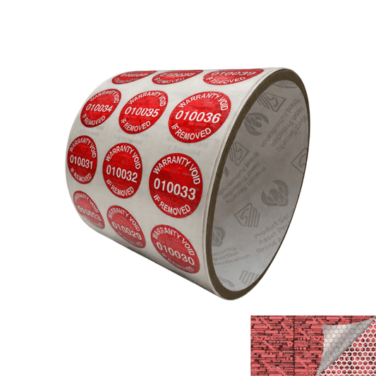 250 Red Tamper Evident Holographic Security Label Seal Sticker TamperMax®, Round/ Circle 0.75" diameter (19mm). Printed: Warranty Void if Removed + Serialization