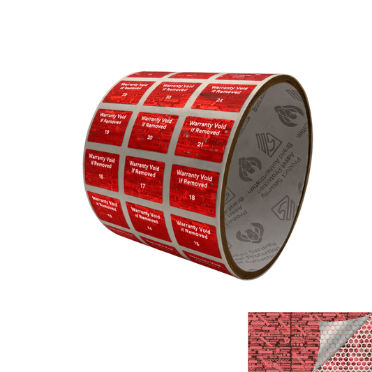 250 Red Tamper Evident Holographic Security Label Seal Sticker TamperMax®, Rectangle .75" x 0.6" (19mm x 15mm). Printed: Warranty Void if Removed + Serialization